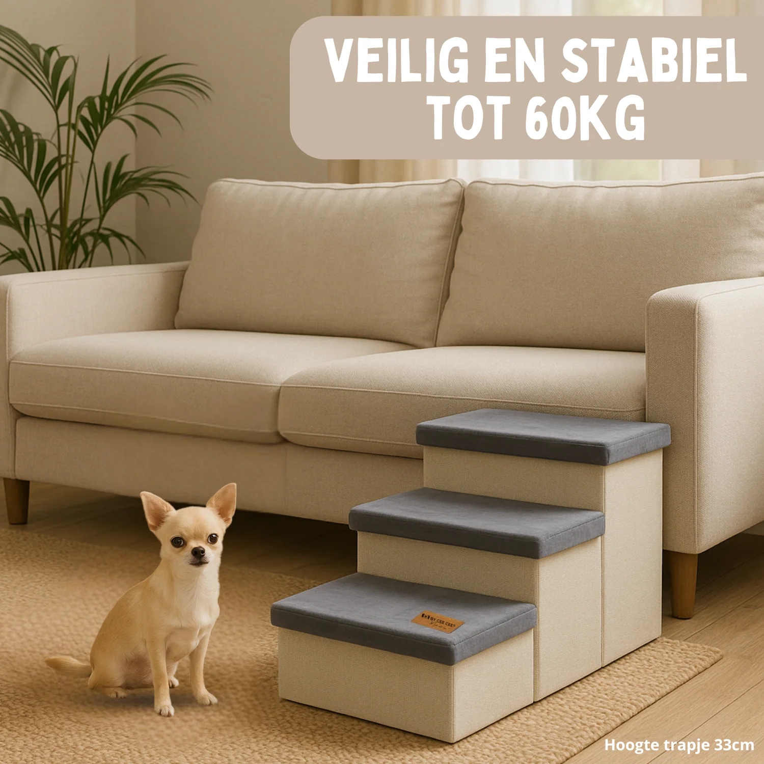 Hondentrap Stevig Model Met Opbergruimte - Trap Hond - tot 60 KG - Beige met grijs - Image 12