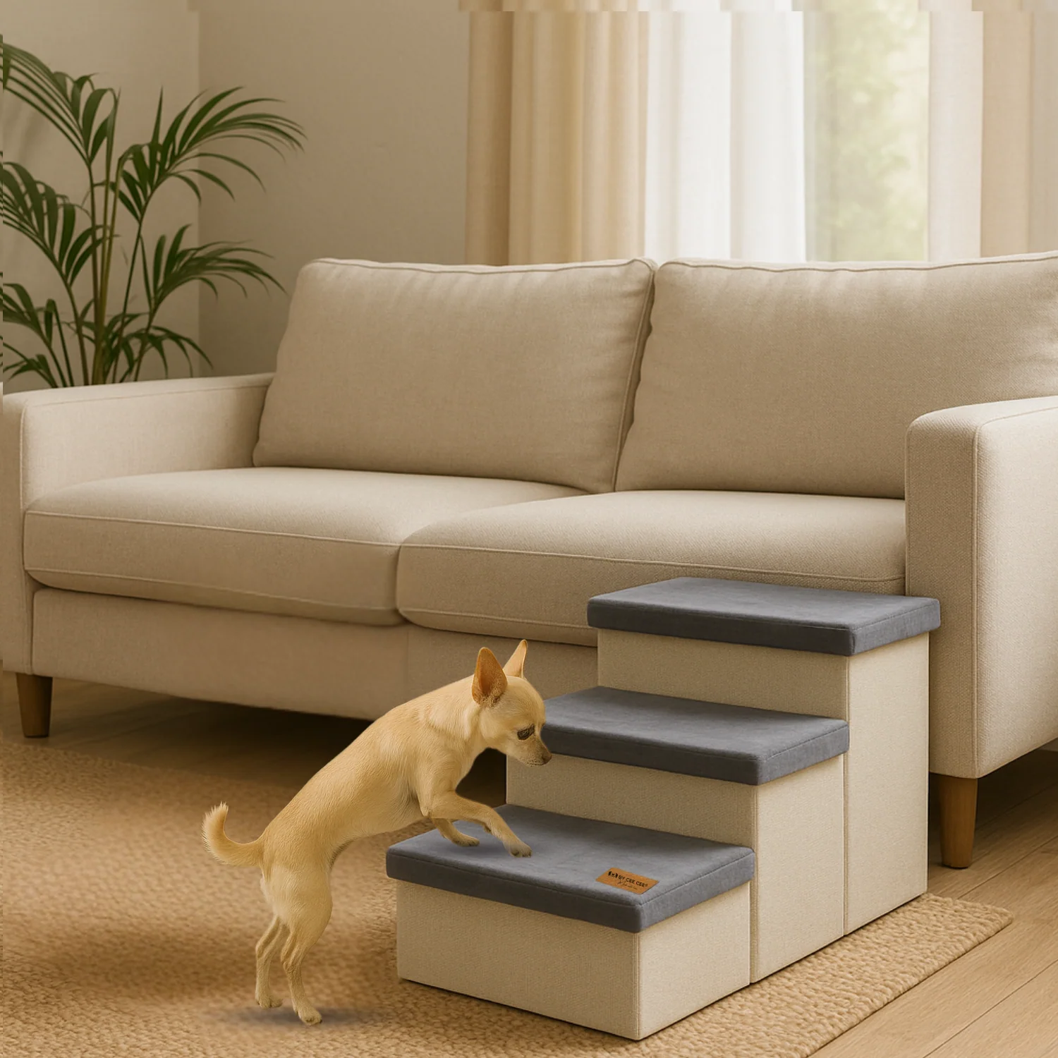 Hondentrap Stevig Model Met Opbergruimte - Trap Hond - tot 60 KG - Beige met grijs - Image 3